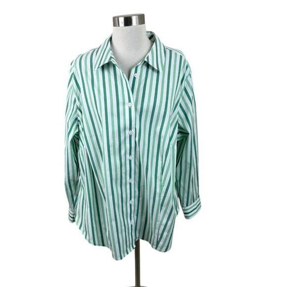 Talbots 18W Green White Stripe Non-Iron Button Front Shirt Career Office - Picture 1 of 4